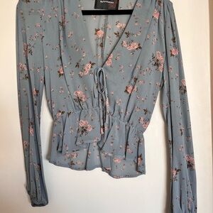 Reformation Blue Tie Front Peplum Blouse